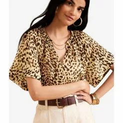 Banana Republic Ramie Shirred Tie Neck Top